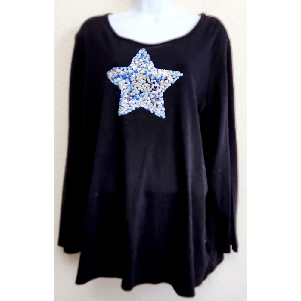 Quacker Factory Black Blue Rhinestone Star Top 2X Plus Round Neck Long Sleeves
